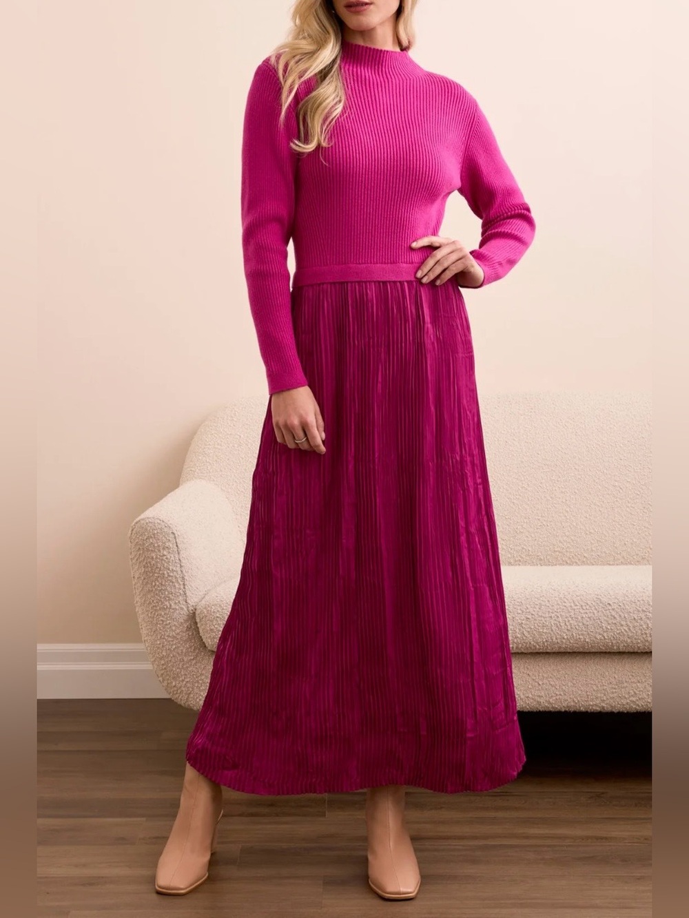 TRIBAL NWT Party Holiday L. SLV Twofer Ribbed Knit/Pleated Fuchsia Maxi Dress M